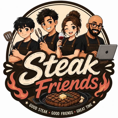 โลโก้ร้าน Steak Friends — ทีมเชฟการ์ตูน 4 คนกับสเต๊กบนกระทะร้อน